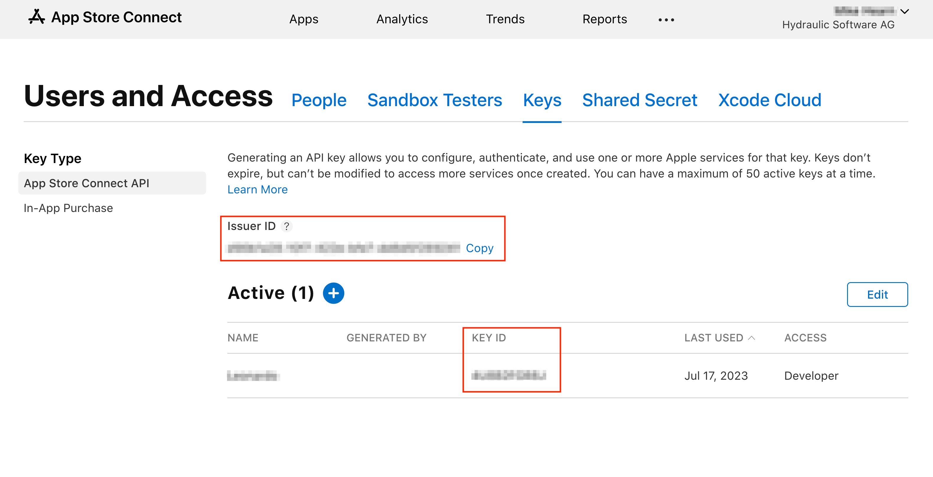 App Store Connect API Key example